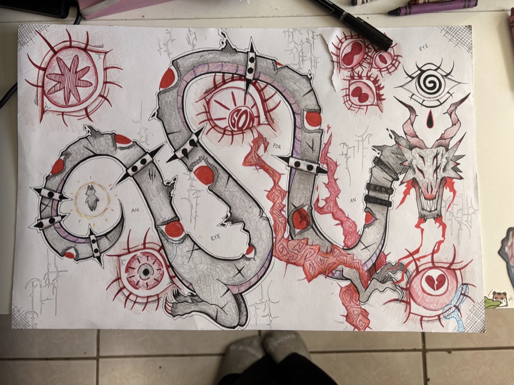 An original hand-drawn tattoo flash sketch, a dragon-like creature made of eyes and spirals